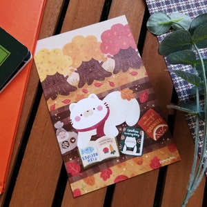 Autumn Cat Art Print | Kawaii Reading in Park Illustration (4x6 in)