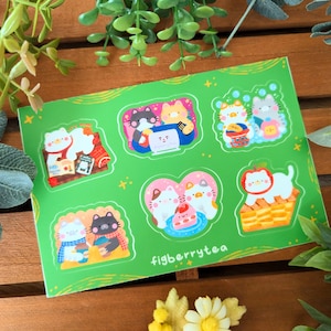 Alltag Katzen Vinyl Sticker Bogen | Durchsichtige Aufkleber - Kawaii Vinyl Aufkleber - Laptop Aufkleber - Wasserflasche Aufkleber - Süße Aufkleber