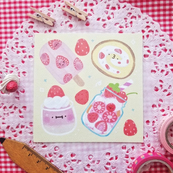 Strawberry Sweets Art Print | Cottagecore - Cute Art Print - Kawaii Art Print - Illustrated Art Print - Aesthetic Art Print - Kawaii Food