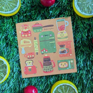 Retro Kitchen Art Print | 4in x 4in | Cute Art Print - Kawaii Art Print - Illustrated Art Print - Vintage Kitchen Art Print - Nostalgic Art