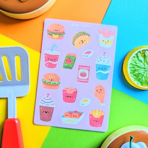 Fast Food Stickerbogen | Kawaii Sticker - Süßes Briefpapier - Junk Food Sticker - Süße Food Sticker - Süße Bujo Sticker - Tacos - Pommes