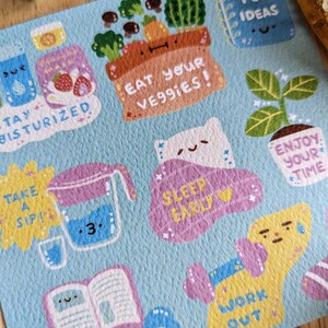 May include: A blue background with colorful illustrations of various self-care tips. The illustrations include a glass of water with the text "Take a Sip!" a book with the text "Relax & Read", a sleeping cat with the text "Sleep Early", a plant with the text "Enjoy Your Time", a person lifting weights with the text "Work Out", a basket of vegetables with the text "Eat Your Veggies!" and a notebook with the text "Fun Ideas".