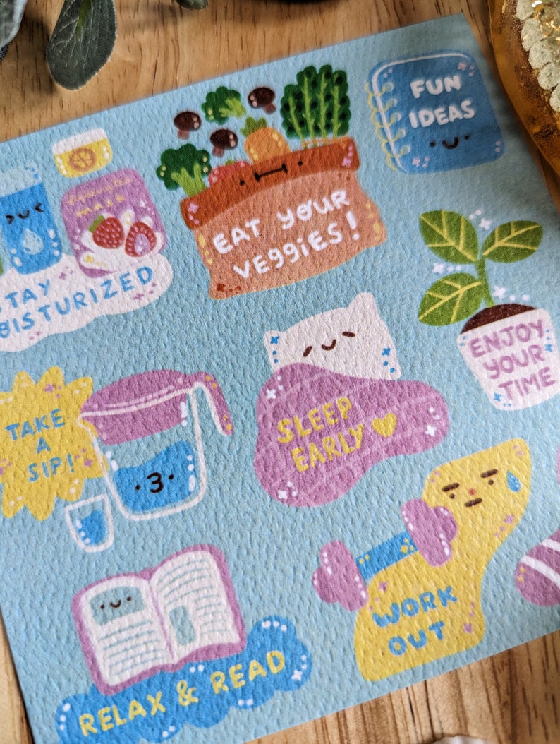 May include: A blue background with colorful illustrations of various self-care tips. The illustrations include a glass of water with the text "Take a Sip!" a book with the text "Relax & Read", a sleeping cat with the text "Sleep Early", a plant with the text "Enjoy Your Time", a person lifting weights with the text "Work Out", a basket of vegetables with the text "Eat Your Veggies!" and a notebook with the text "Fun Ideas".