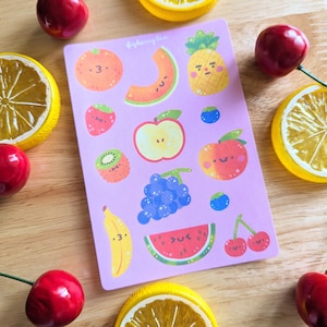 Feuille d'autocollants de fruits | Stickers kawaii - Papeterie mignonne - Stickers nourriture - Stickers bujo mignon - Ananas - Orange - Banane - Pastèque