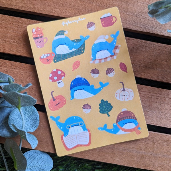 Fall Whales Sticker Sheet | Kawaii Stickers - Cute Stationery - Cute Whales - Cozy Fall Stickers - Cute Bujo Stickers