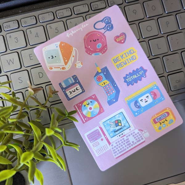 90s Retro Tech Sticker Sheet | Kawaii Stickers - Cute Stationery - Cute Food Stickers - Cute Bujo Stickers - VHS - CD Player - Beeper