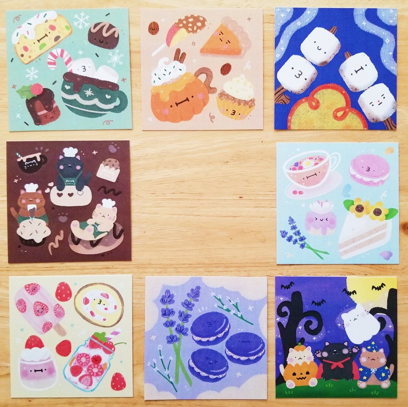 May include: Nine illustrated cards with a variety of sweet treats, including cakes, cookies, ice cream, and macarons. The cards are all different colors and feature cute cartoon characters.