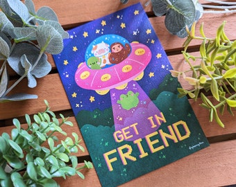 Get In UFO Art Print | Kawaii Alien, Bigfoot & Cow Illustration (4x6 in)