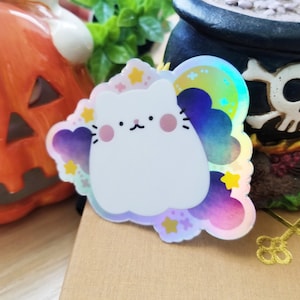 Ghost Cat Holographic Vinyl Sticker | Kawaii Vinyl Sticker - Laptop Sticker - Halloween Sticker - Water Bottle Sticker - Cute Sticker