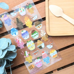 Taiyaki & Kakigori Clear Vinyl Sticker Sheet | Kawaii Food Illustrated Planner Stickers (3.5x7 in)