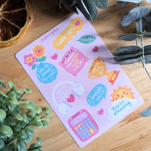 Feuille d'autocollants de gratitude | Stickers kawaii - Papeterie mignonne - Stickers compliments mignons - Stickers bujo mignons - Sticker positif - Merci