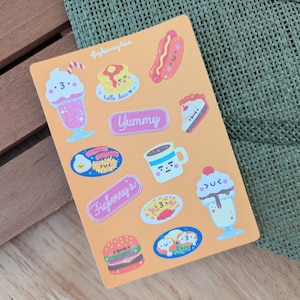 Feuille d'autocollants pour restaurant | Stickers kawaii - Papeterie mignonne - Stickers nourriture - Stickers bujo mignon - Crêpes - Stickers gaufres - Stickers rétro