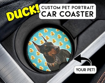 Duck theme CAR COASTER w/ Your Pet’s Portrait | Custom Dog + Cat Photo Soapstone Coaster | Rubber Duck Coaster for 4x4 Vehicle | Unique Gift