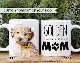 GoldenDoodle Dog Mom COFFEE MUG | Custom Golden Doodle Painting Portrait from Photo on Ceramic Mug for Her | Personalized Gift for Women