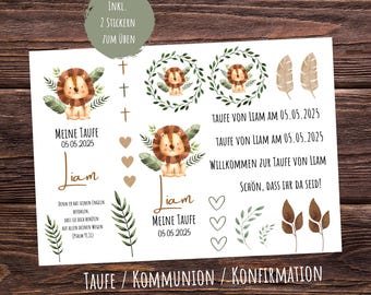 May include: A set of stickers featuring a cute lion with a green leafy background. The stickers include the text "Meine Taufe 05.05.2025 Liam" and "Taufe von Liam am 05.05.2025".