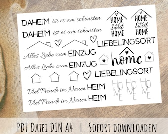 Op de afbeelding: Zwart-witte printbare stickers met verschillende huis-thema zinnen en illustraties, waaronder "Home Sweet Home", "home", "Lieblingsort" en "Viel Freude im Neuen Heim". De tekst "PDF Datei DIN A4 | Sofort Downloaden" staat onderaan de pagina.