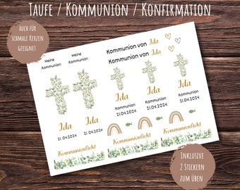 Kerzenfolie Kommunion, Taufe, Konfirmation, Kerzentattoo Kommunion personalisiert, Kreuz aus Eukalyptus