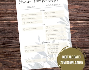 May include: A printable checklist for household chores, with sections for daily and weekly tasks. The checklist is divided into categories like kitchen, bathroom, living room, and hallway. The design features a watercolor background with leaves and flowers.