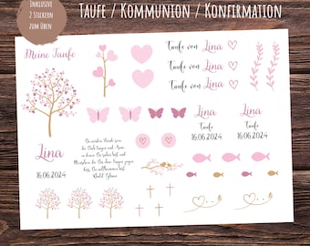 Kerzenfolie Taufe Lebensbaum, Kerzensticker Kommunion, Konfirmation personalisiert, Taufkerze für Mädchen