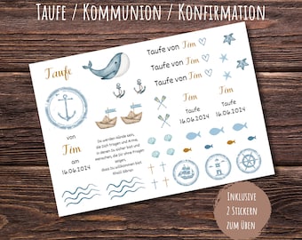 Kerzenfolie Taufe Maritim, Kerzensticker Kommunion, Konfirmation personalisiert, Taufkerze für Mädchen und Jungen