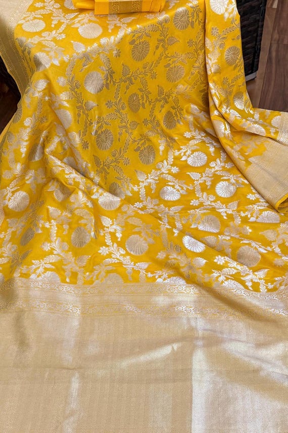 Mango Yellow Color Pure Katan Silk Banarasi Saree With All Over Jaal Work |Wedding Saree|
