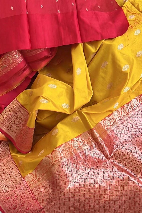 Pure Katan Silk Banarasi Saree  In Yellow And Red. All Over  Small Zari Buti  With Golden Zari.Ships From California.TaanaBaanaWeaves.