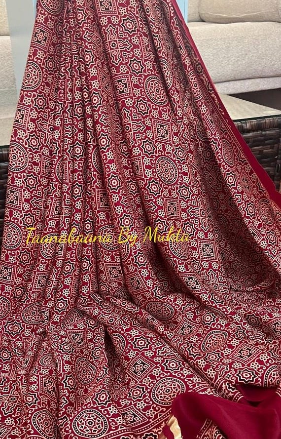 Ajrakh Modal Satin Silk Saree | Maroon  Saree| Tissue lagadi patta on pallu|