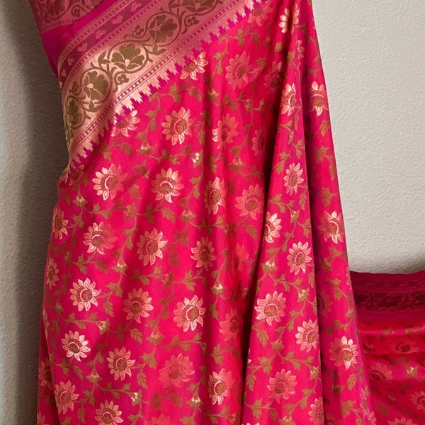 Pink Georgette Katan Semi Silk Banarasi Saree| Taana Baana Weaves