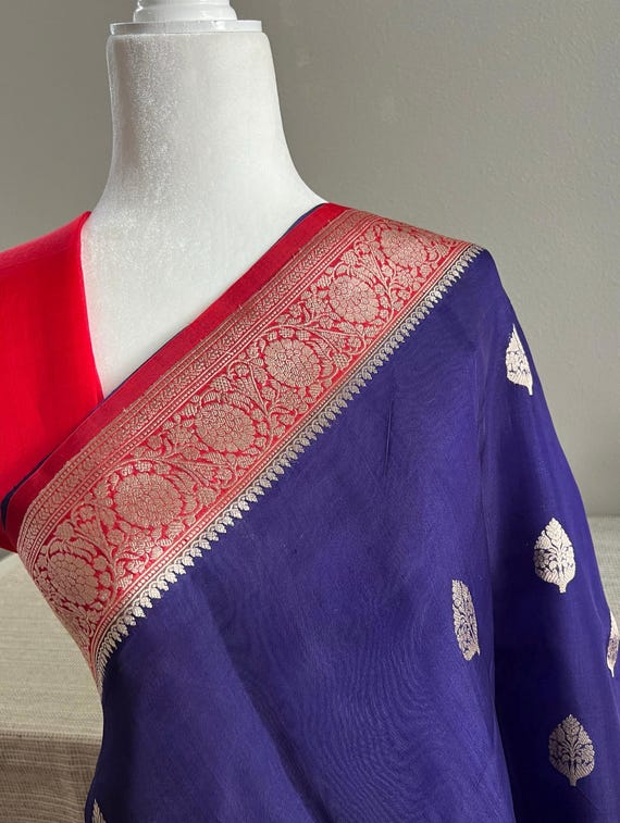 Exquisite Ink  Blue Kora Banarasi Saree With Golden Zari Border And  Pallu||