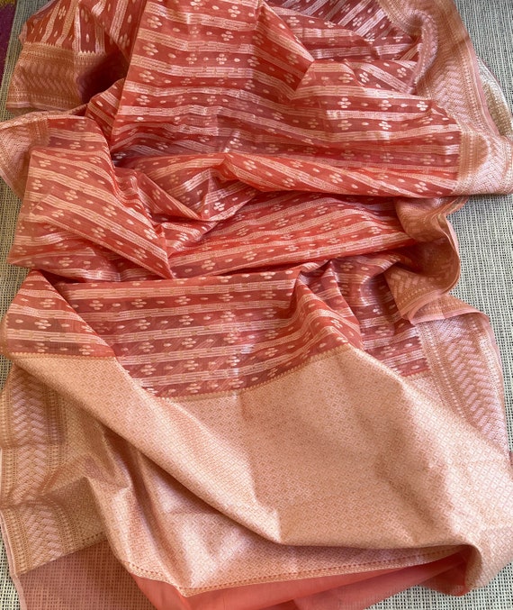 Peach Color Cotton Jamdani Banarasi Saree||