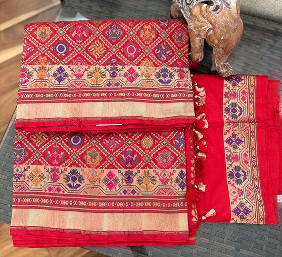 Pure Katan Silk Banarasi Patola Saree| In Red Color| Paithani Border And Palla|