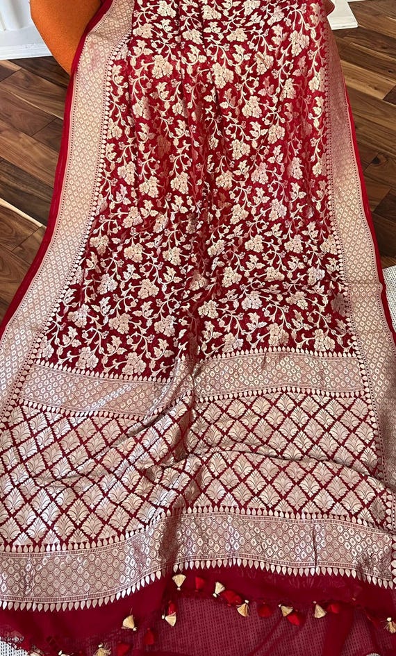 Maroon Color Banarasi Georgette Saree With GoldZari Jaal  Work| Red Wedding Saree