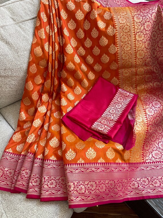 Orange And Rani Pink  Semi Katan Silk Banarasi Saree| Taana Baana Weaves