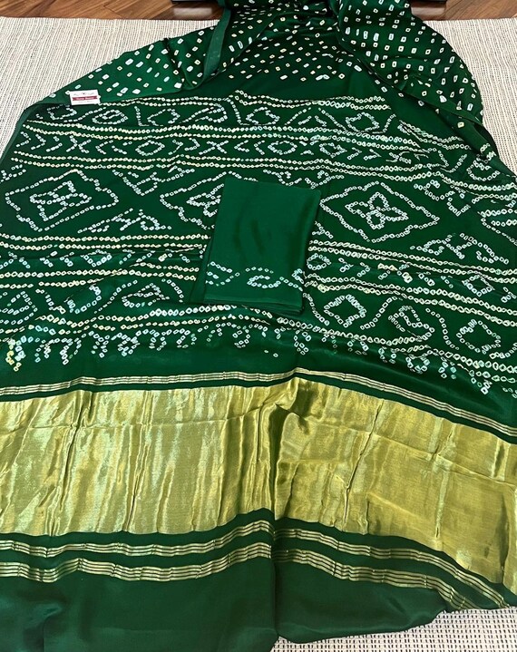 Pure Gajji Silk Bandhani Saree In Bottle Green|Bandhani Saree| Tissue Lagadi Patta On Pallu|