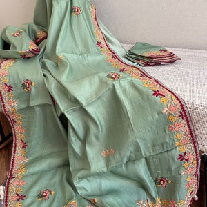 Pista Green Paisley Resham Thread Embroidery Cotton Tussar Saree
