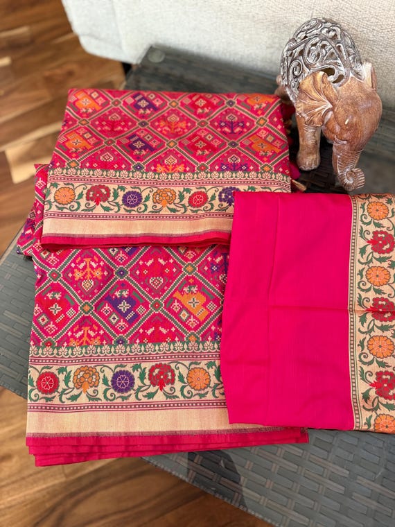 Rani Pink Pure Katan Silk Banarasi Patola Saree| Paithani Border And Palla|