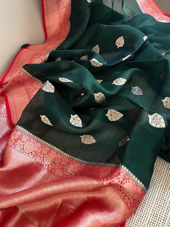 Bottle Green Kora Banarasi Saree| Hreen Banarasi Saree|