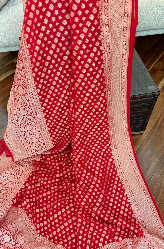 Pure khaddi georgette banarasi saree in red color| golden zari Buti all over the saree|