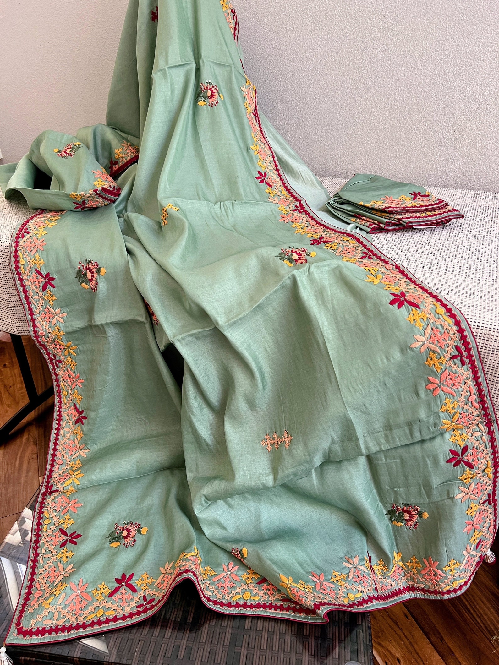 DKF129-Cotton Blouse with heavy Gujrati stitched embroidery with Real mirror. Can be altered upto size 42 main image 0