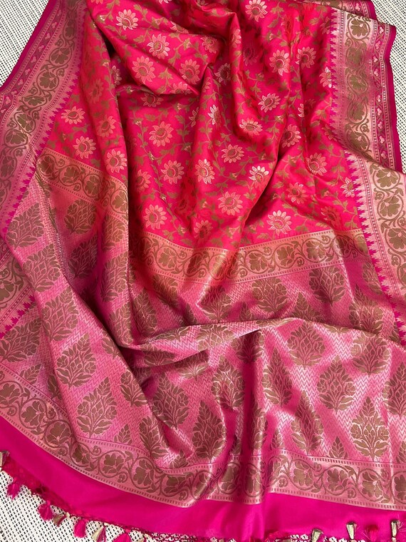 Rani Pink  Semi Katan Silk Banarasi Saree| Taana Baana Weaves