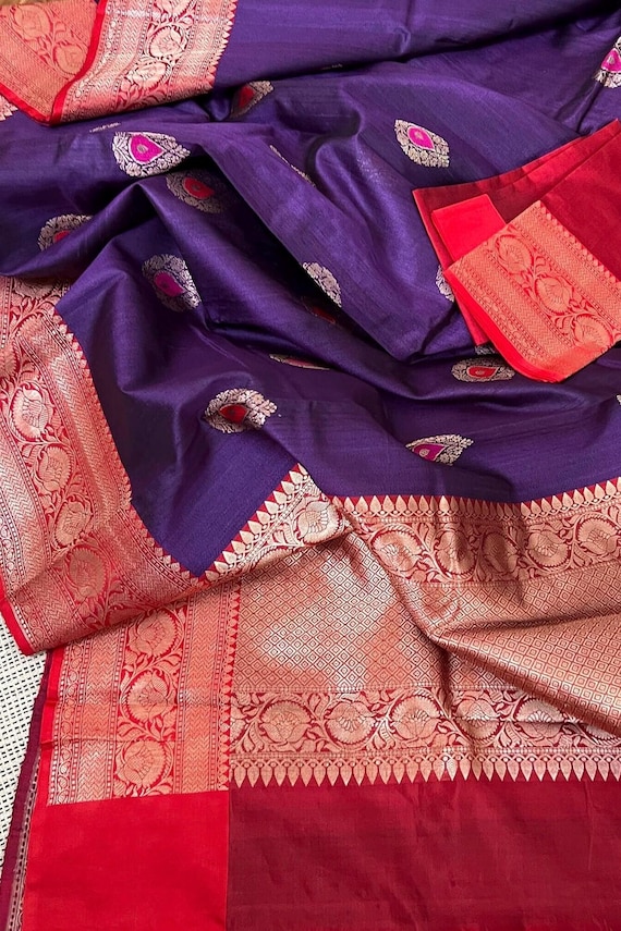 purple tussar silk banarasi saree||meenakari tussar silk saree|| purple silk saree||Handwoven saree