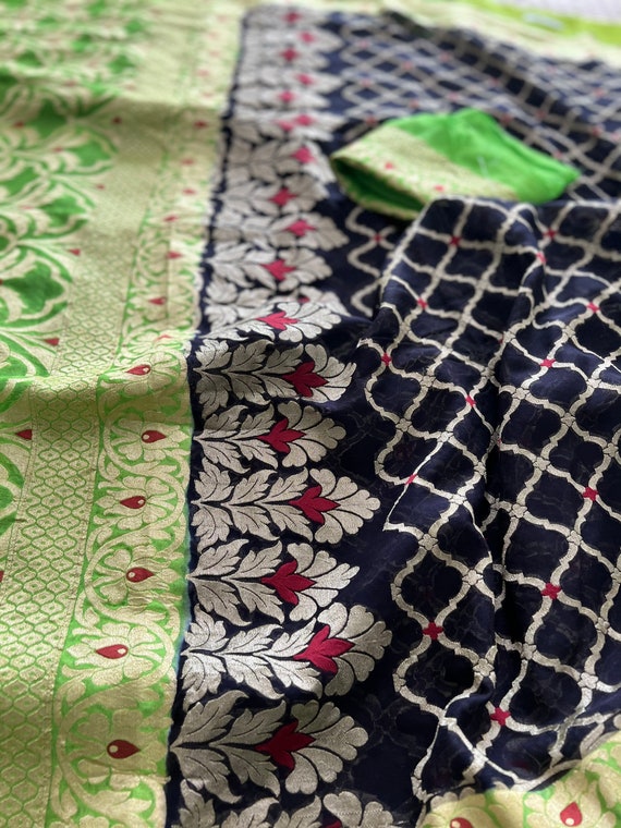 Jaal work Banarasi Saree In Navy Blue And Green. Khaddi Georgette Banarasi Ships From California| Taana Baana Weaves|