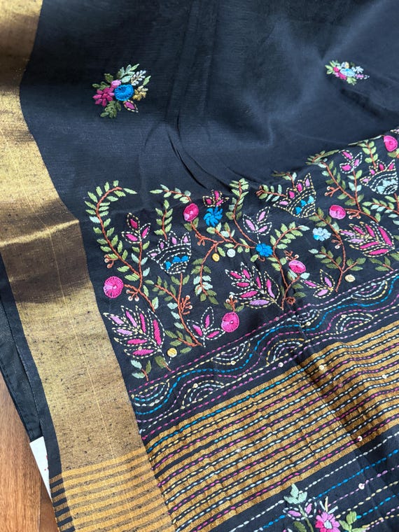 Black Matka linen Gujarati and Kantha Stitch Saree