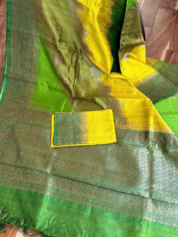 Yellow And Green Tussar Silk Banarasi Saree|| Antique Zari Work Saree||Handwoven saree