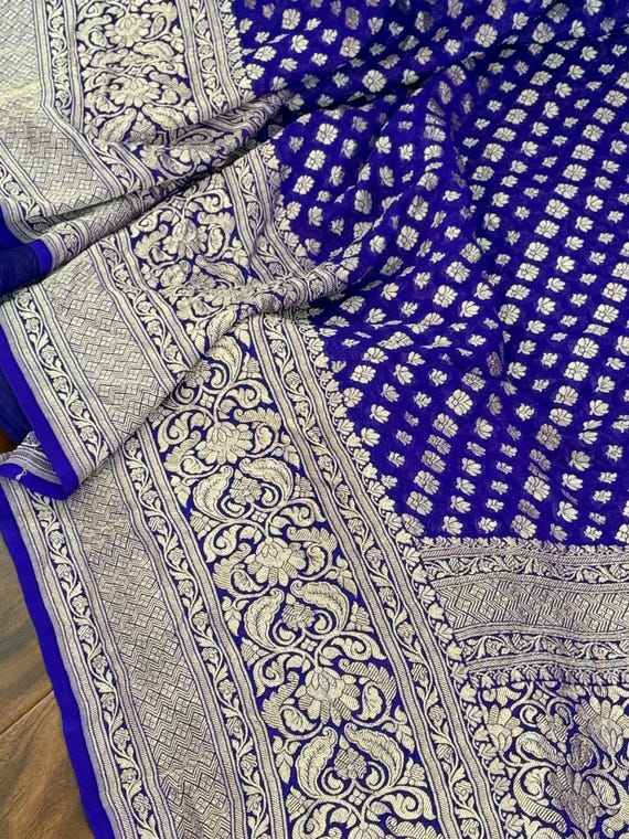 Pure khaddi georgette banarasi saree in royal blue color|