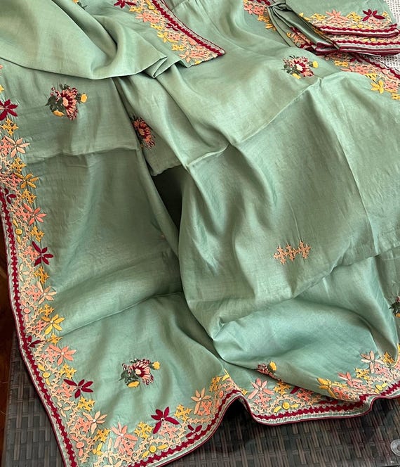 pista green color Gujrati stitch  Tussar saree| saree with stitched blouse |