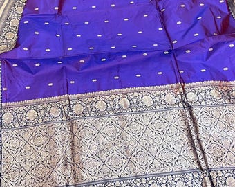 Indigo Katan Silk Banarasi Saree with Golden Zari Border and Hazar Buti Motif
