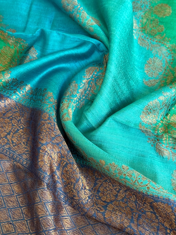 Tussar Silk Banarasi Saree In Blue And Green Color With Antique Zari|Handwoven saree|