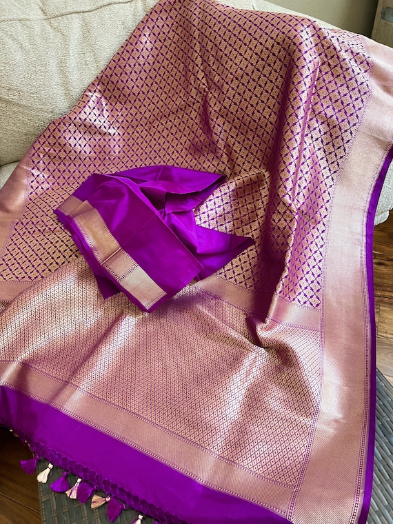 Pure Brocade Banarasi In Purple Color With  Gold  Zari Work | Wedding Saree||