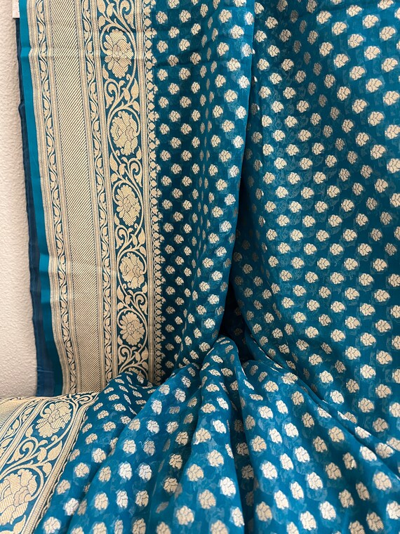 Blue Banarasi Georgette Saree | Khaddi Georgette Hand Woven Saree
